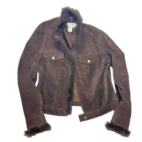 Coldwater Creek Jackets & Blazers - Coldwater Creek Women's Brown LEATHER Zip Up Jacket Faux Fur Trim Lined (S)